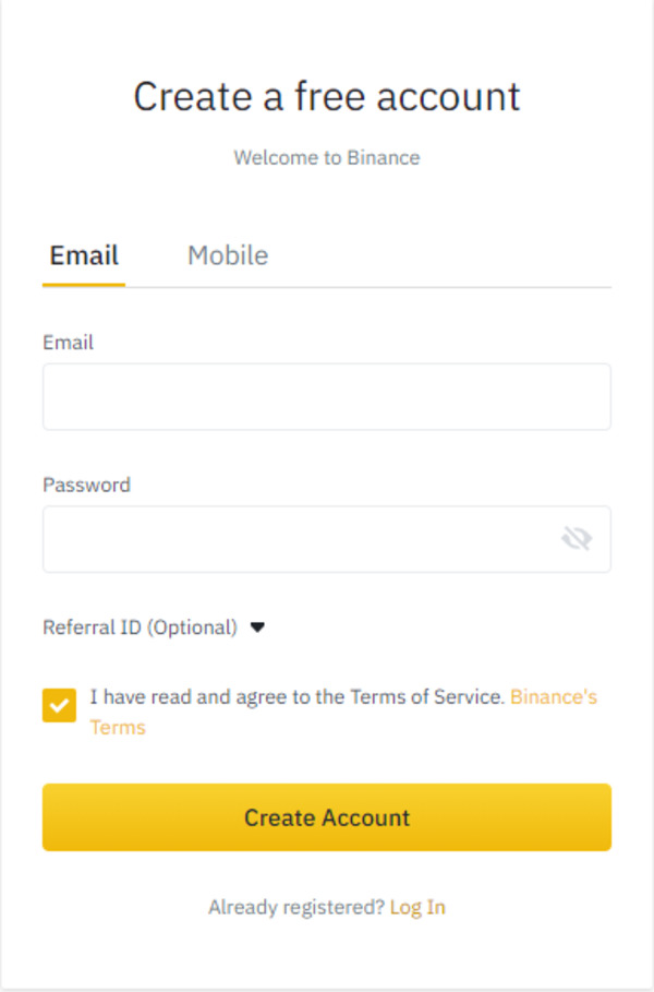 Create a free account screenshot for Binance.